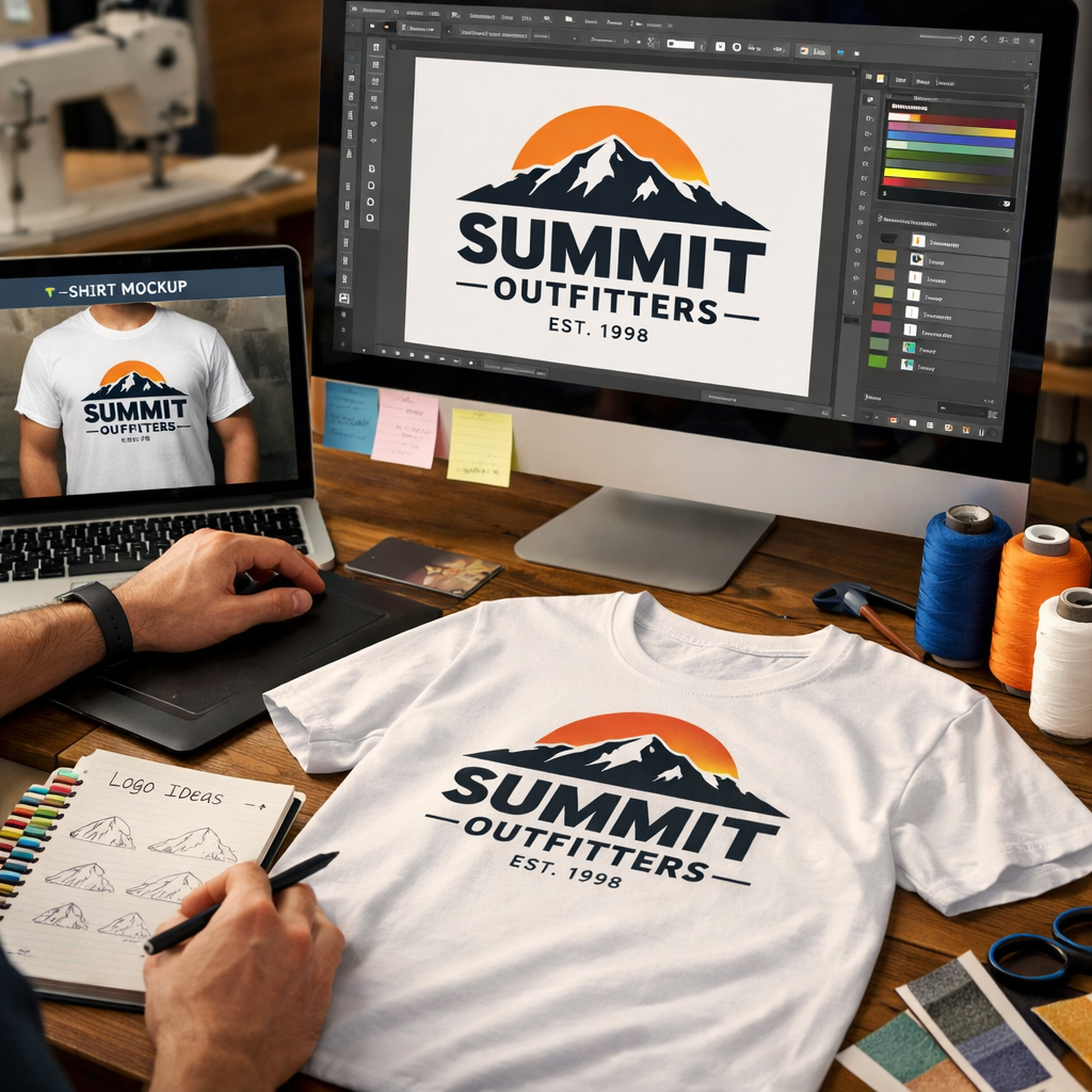 We are a printing and embroidery shop I want an image of someone designing a logo for a business and mocking it up on to a tshirt-1